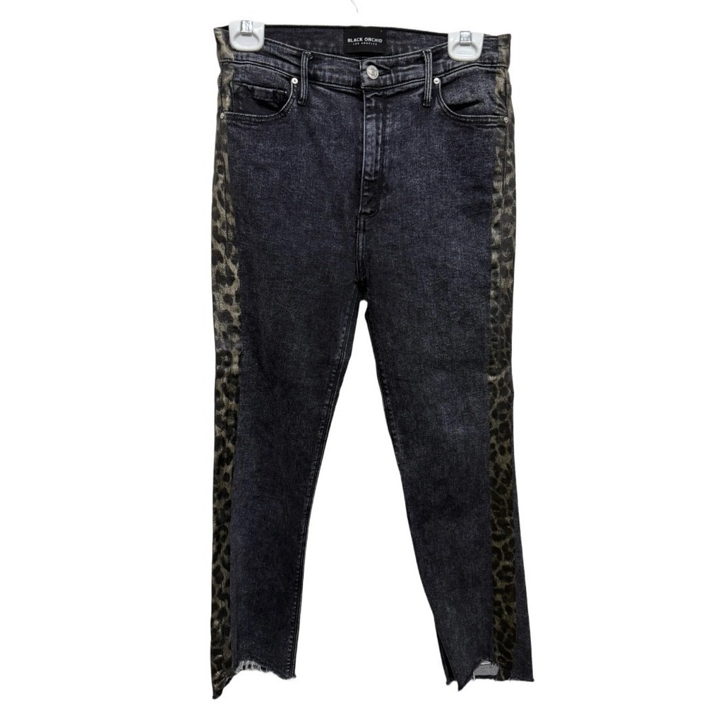 Black Orchid Cindy Slant Fray Skinny Jeans Womens 28 Black Gray Leopard Side